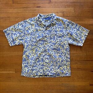 OP Floral Print Button Up Short Sleeve Vacation Shirt Blue Yellow M